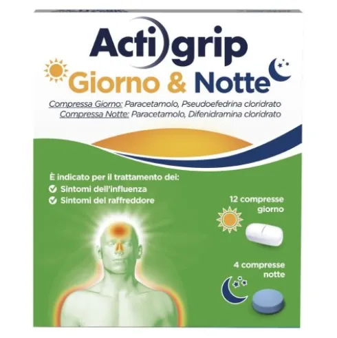 Actigrip Giorno & Notte - Rapido sollievo dai sintomi del raffreddore anche di notte - 12 + 4 compresse