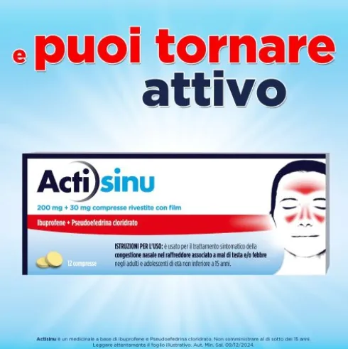 Actisinu - Trattamento della congestione nasale da sinusite o raffreddore - 12 compresse - Ibuprofene 200 mg + Pseudoefedrina cloridrato 30 mg
