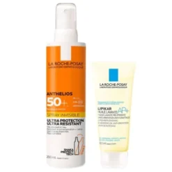Anthelios Spray Solare Invisibile SPF50+ + Lipikar AP+ Olio Lavante - Protezione solare molto alta 200 ml + olio detergente anti arrossamento 100 ml