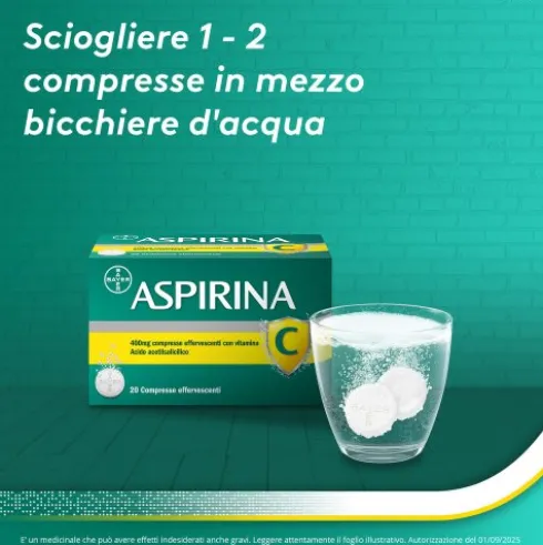 Aspirina C - Trattamento sintomatico di mal di testa, febbre e dolori da lievi a moderati - 20 compresse effervescenti 400 + 240mg