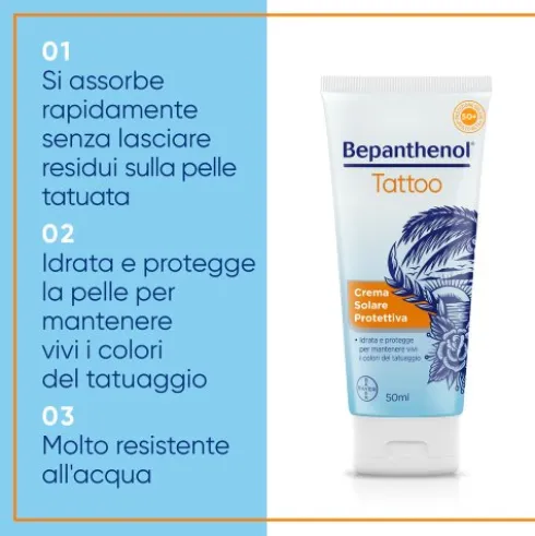 Bepanthenol Tattoo Crema Solare Protettiva SPF50+ Per Tatuaggio - Idrata e rigenera la pelle tatuata - 50 ml