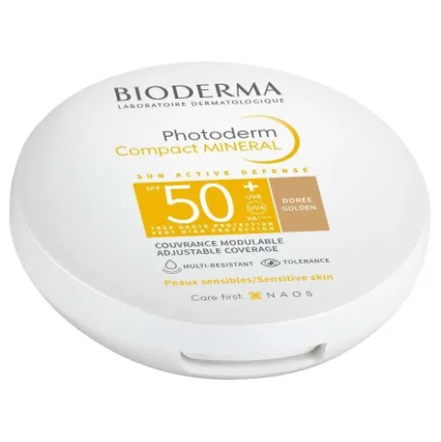 Bioderma Photoderm Compact Mineral Dorée SPF50+ - Crema solare uniformante per viso e collo - Tonalità media - 10 g