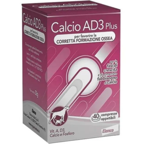 Calcio AD3 Plus Mangime Minerale Sviluppo Cani 40 Compresse