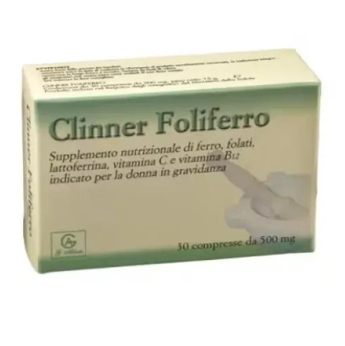 Clinner Foliferro Integratore Alimentare Ferro, Acido Folico, Vitamina C, B12 - 30 Compresse