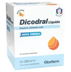 Dicodral Liquido - Soluzione reidratante orale per diarrea acuta - Gusto Arancia - 4 Brik da 200 ml ciascuno