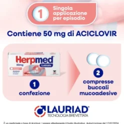 Herpmed Labiale - Compresse buccali a base di Aciclovir per Herpes labiale - 2 compresse buccali mucoadesive