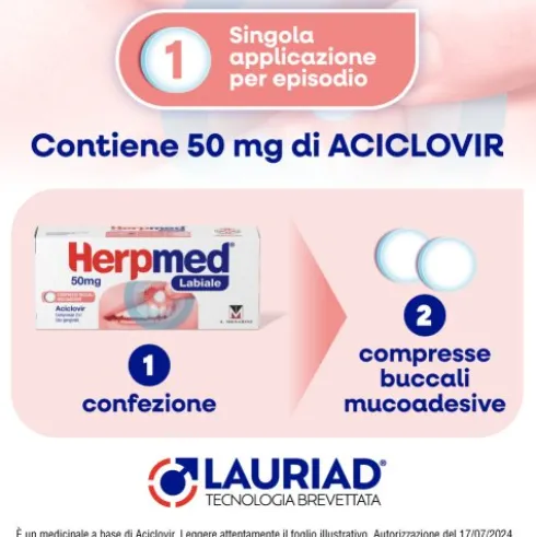 Herpmed Labiale - Compresse buccali a base di Aciclovir per Herpes labiale - 2 compresse buccali mucoadesive