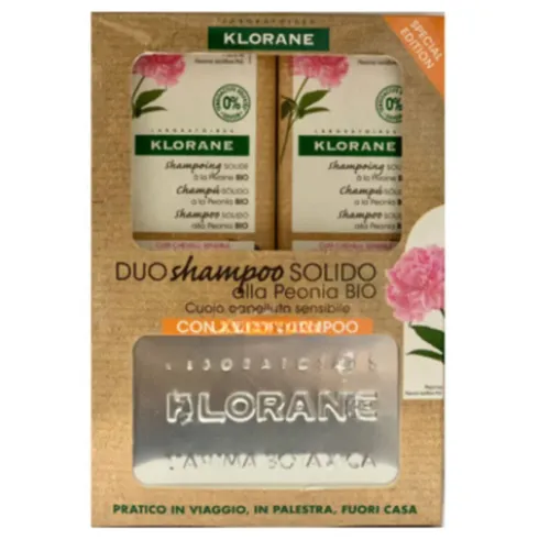 Klorane Shampoo Solido alla Peonia - Shampoo lenitivo + Porta shampoo - 2 x 80 g - Edizione speciale
