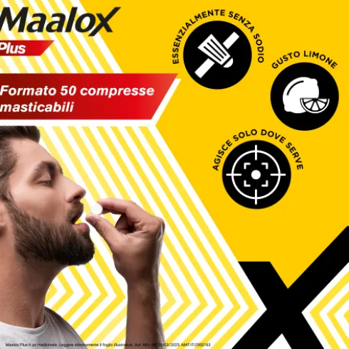 Maalox Plus - Rapido sollievo dal bruciore di stomaco e difficoltà a digerire - 50 Compresse Masticabili