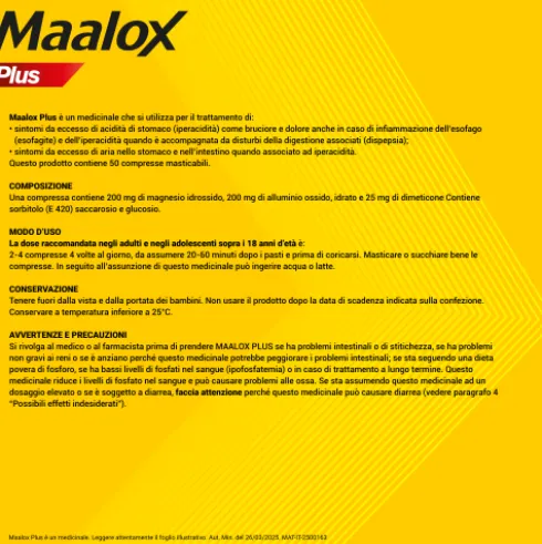 Maalox Plus - Rapido sollievo dal bruciore di stomaco e difficoltà a digerire - 50 Compresse Masticabili