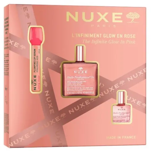 Nuxe Cofanetto di Natale 2025 Luminosità infinita in rosa - Olio Prodigioso Oro Floreale 50 ml + Olio Prodigioso Floreale 10 ml + Siero labbra rimpolpante