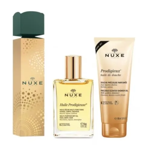 Nuxe Cofanetto Natale 2023 Cracker Huile Prodigieuse - Olio prodigioso secco 30 ml + olio doccia prodigioso 100 ml