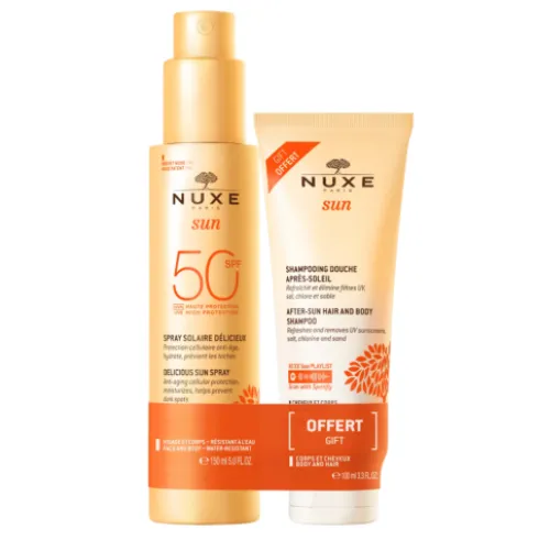 Nuxe Sun Duo Latte Spray Solare SPF50 + Shampoo Doccia Doposole - Spray solare per viso e corpo 150 ml + Shampoo doccia doposole per corpo 100 ml