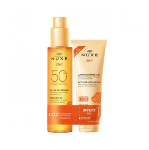 Nuxe Sun Duo Olio Solare SPF50 + Latte Doposole - Protezione solare molto alta per viso e corpo 150 ml + Latte doposole per viso e corpo 100 ml