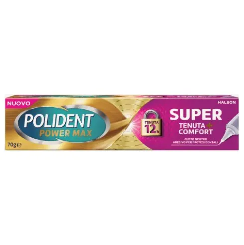 Polident Power Max Super Tenuta + Comfort - Crema adesiva per protesi dentale al gusto neutro - 70 g