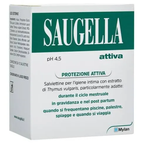 Saugella Attiva Salviettine Intime Detergenti con Timo - 10 Pezzi