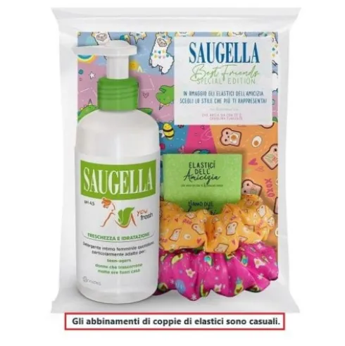 Saugella Bundle Detergente Intimo You Fresh + elastici dell'amicizia - Detergente intimo quotidiano da donna - 200 ml + 3 elastici per capelli