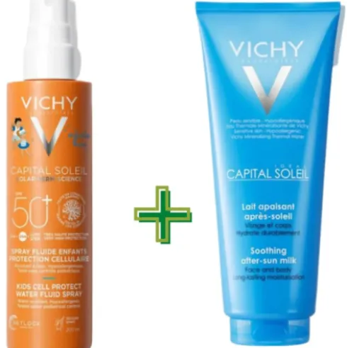 Vichy Capital Soleil Cell Protect Fluido Spray Bambini SPF 50 + + Latte Doposole - Kit protezione solare 200 ml + doposole lenitivo 100 ml